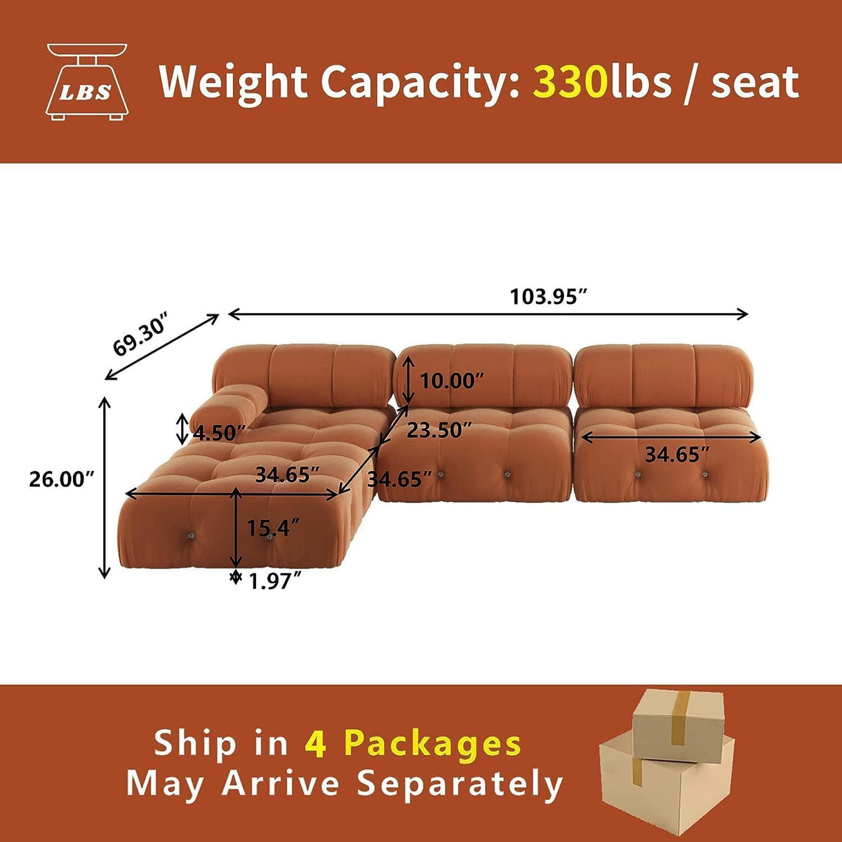 104" L-Shaped Velvet Sectional Sofa with Reversible Chaise Ottoman J849778