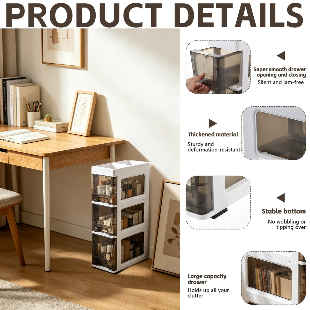 3 Drawer Narrow Plastic Storage Cart with 4 Wheels I35842