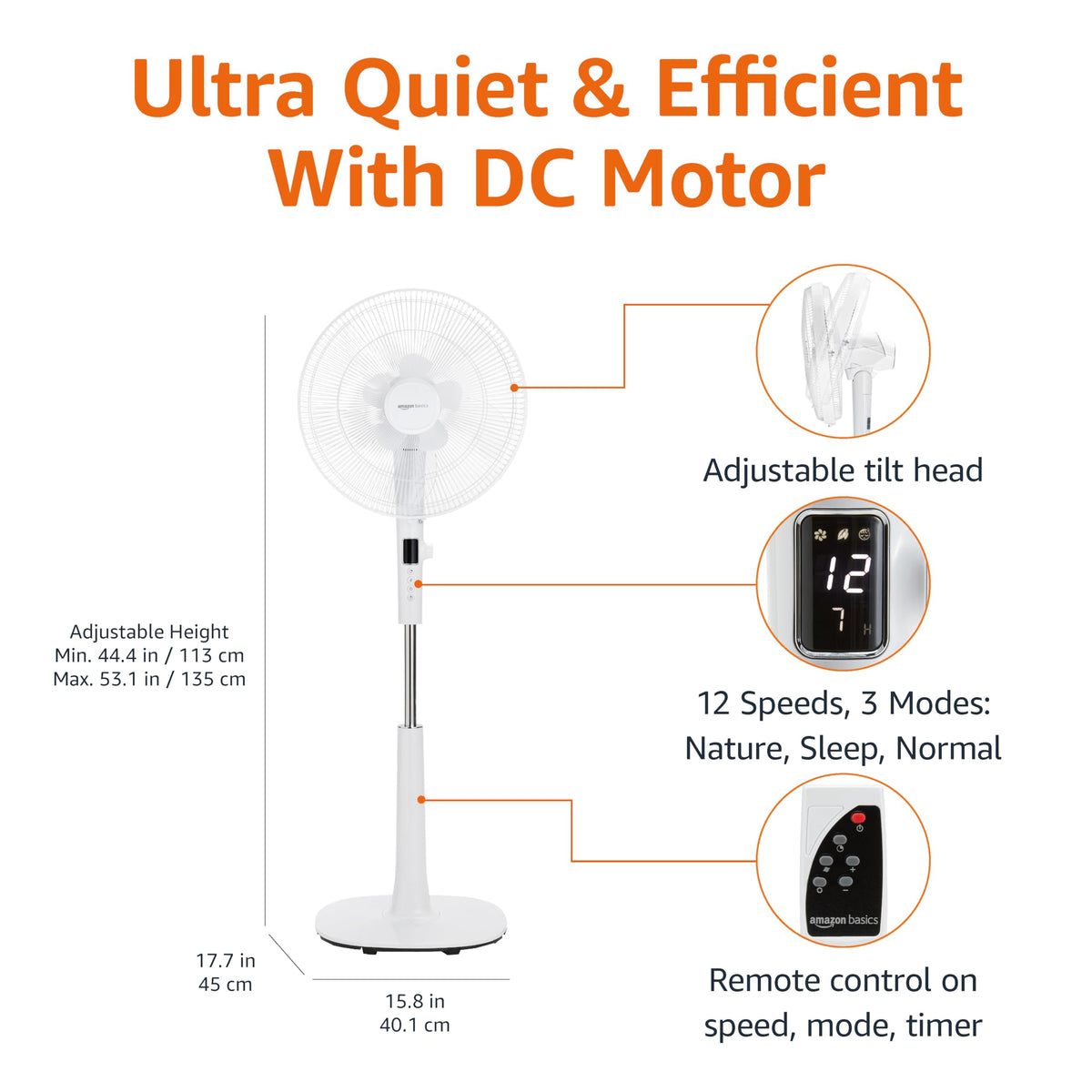 16-inch Quiet DC Motor Standing Floor Fan with Remote, White Y8969
