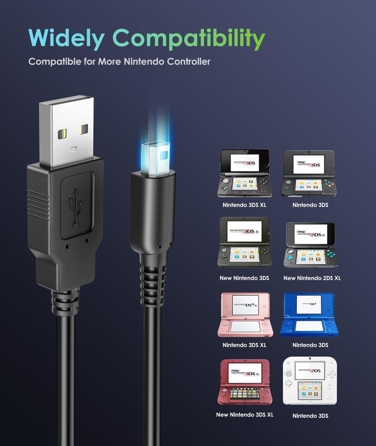2 Pack 4FT USB Charging Cable for 3DS 2DS DSi Black T544109