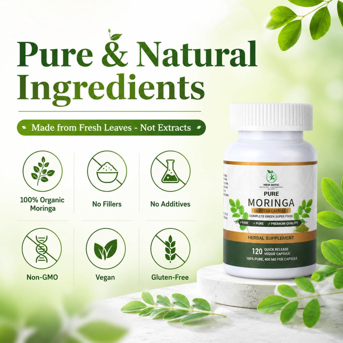 Organic Moringa Capsules 800mg 120 Count B191