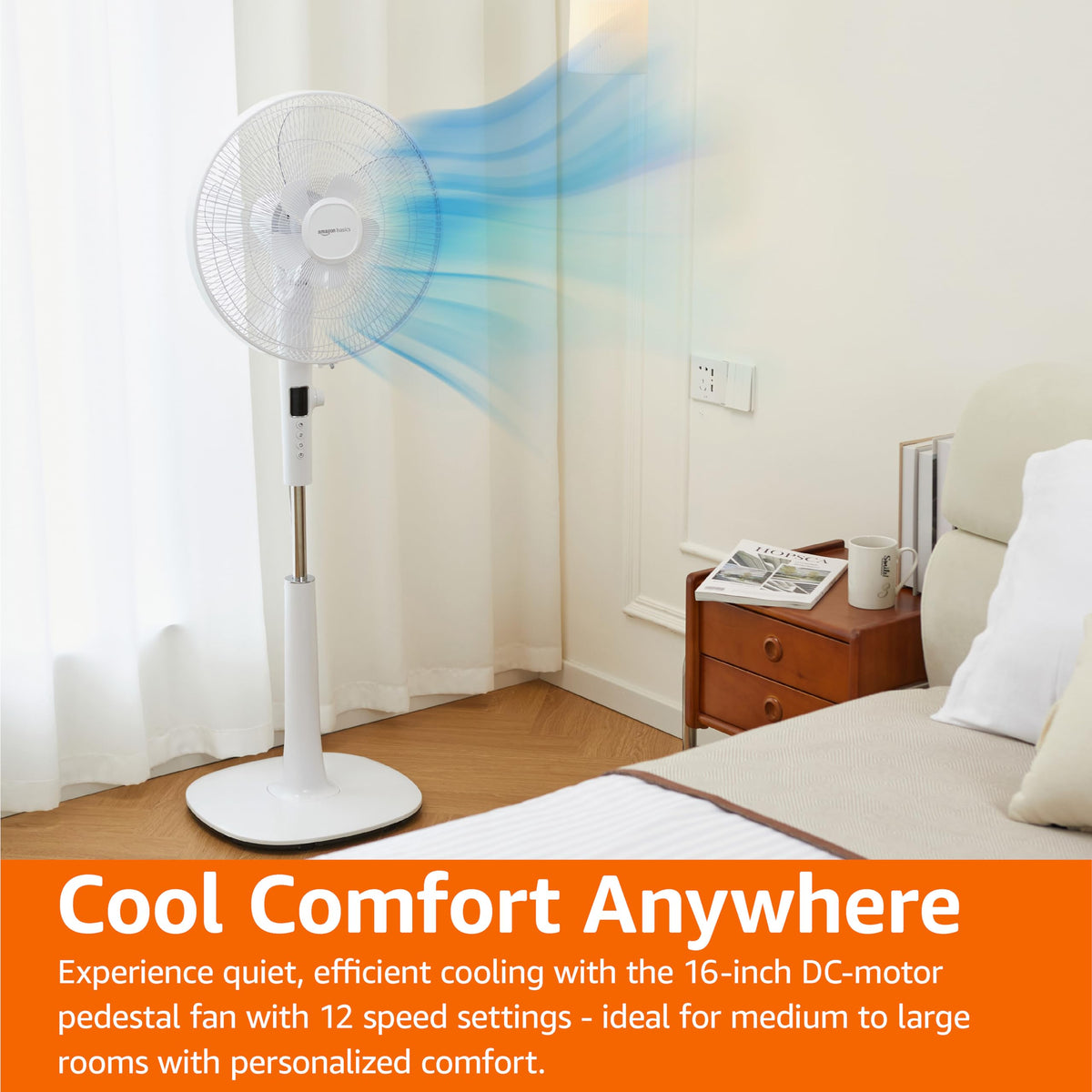 16-inch Quiet DC Motor Standing Floor Fan with Remote, White Y8969