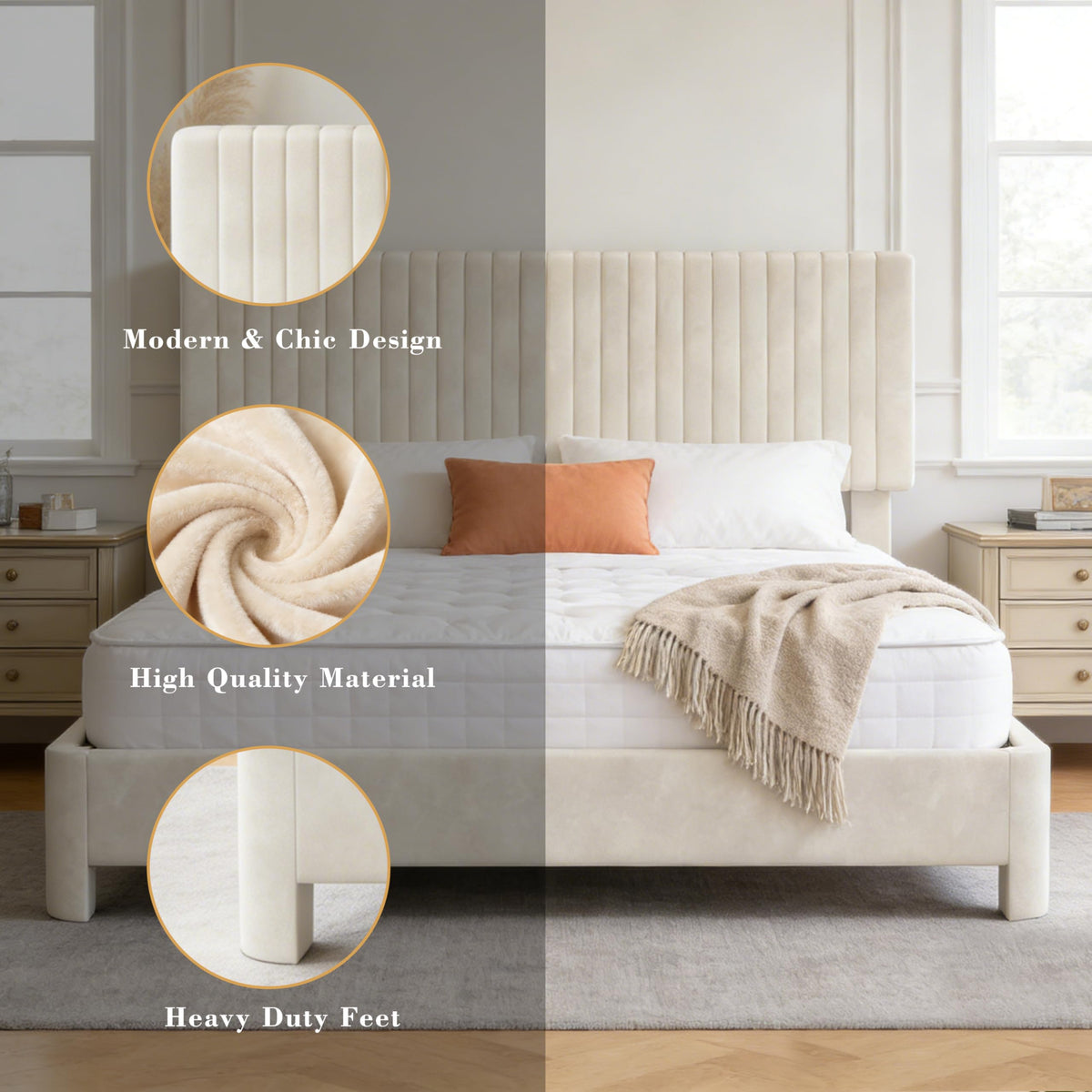 King Size Velvet Upholstered Bed Frame with Headboard O39964